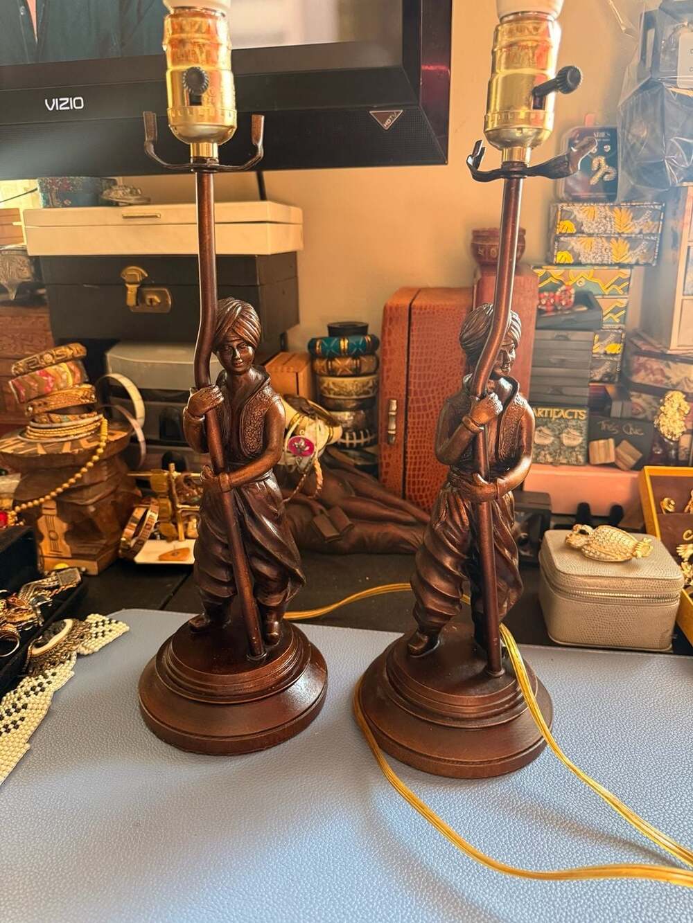 Vintage Pair of Arabic Figural Turban Bronze Finish Table Lamps